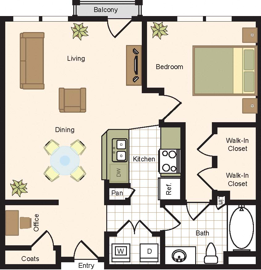 Floor plan for 1 bed, 1 bath, 887 sqft